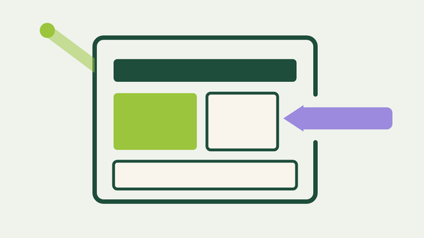 A flat vector design canvas outlined in forest green with an opening in its right wall, a lilac block entering through it